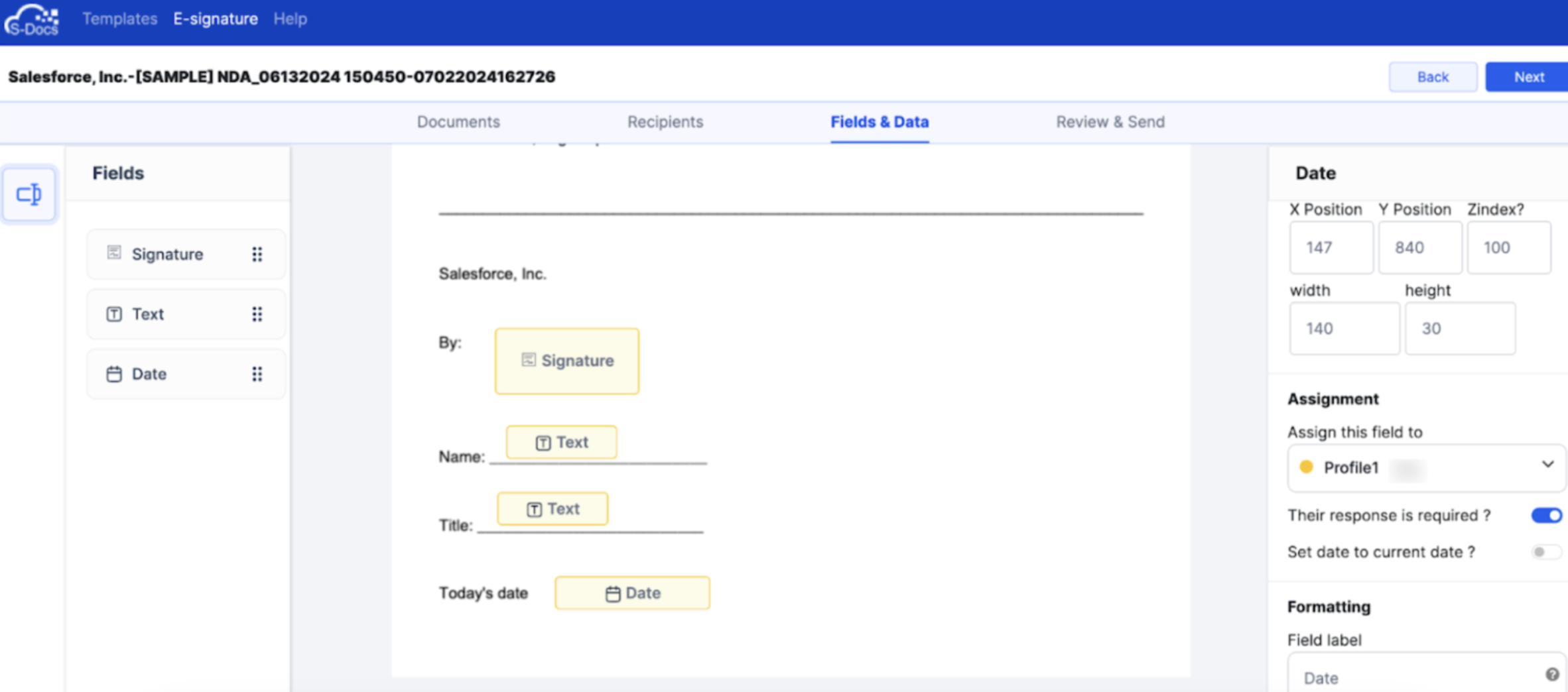 Screenshot of S-Docs template builder.