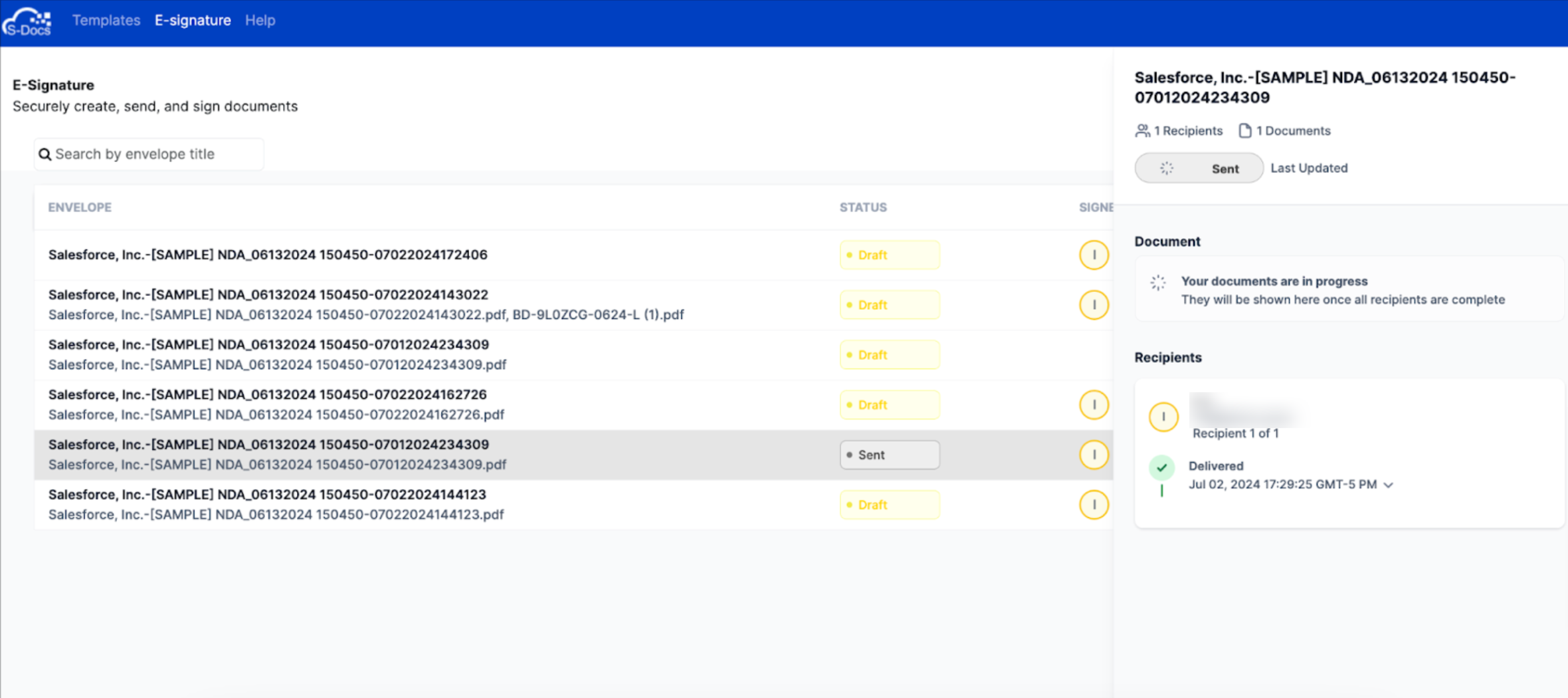 Screenshot of e-Signature dashboard in S-Docs app.