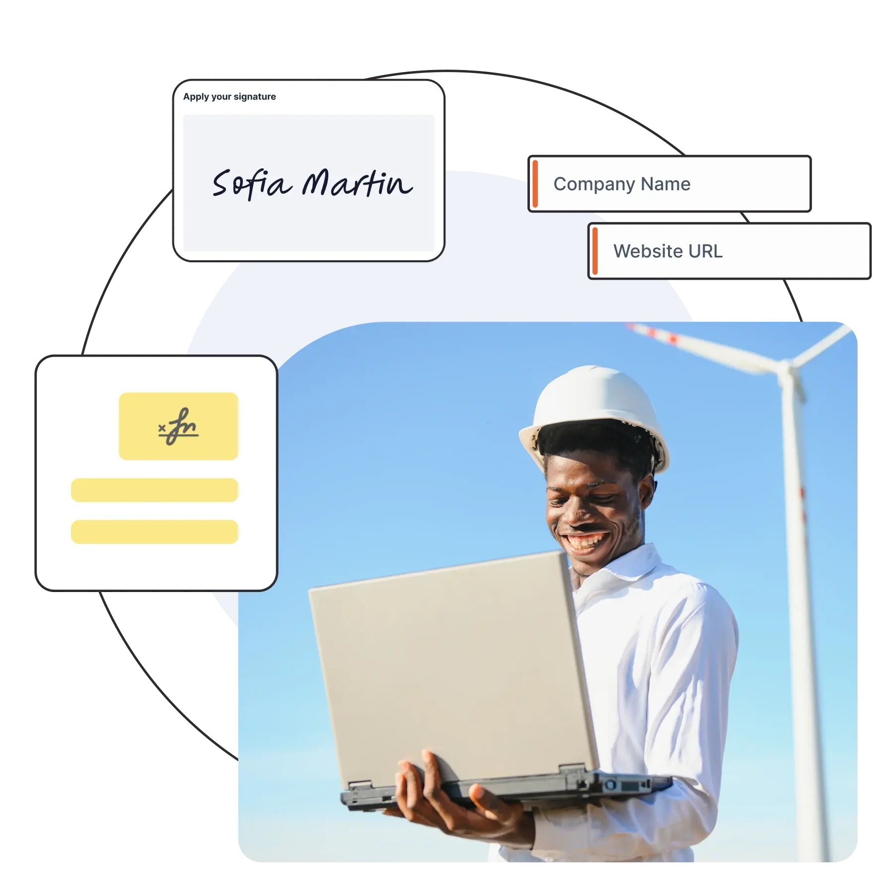 Man holding laptop smiling with a hardhat on